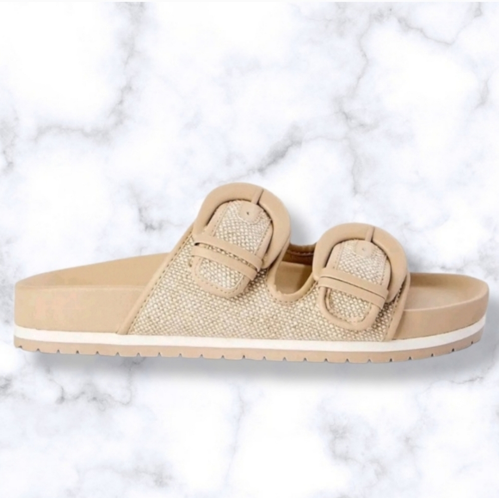 #466 New Women's Footbed Slides Sandals Flats Khaki Cream White Size 11 Shoes - Picture 2 of 6